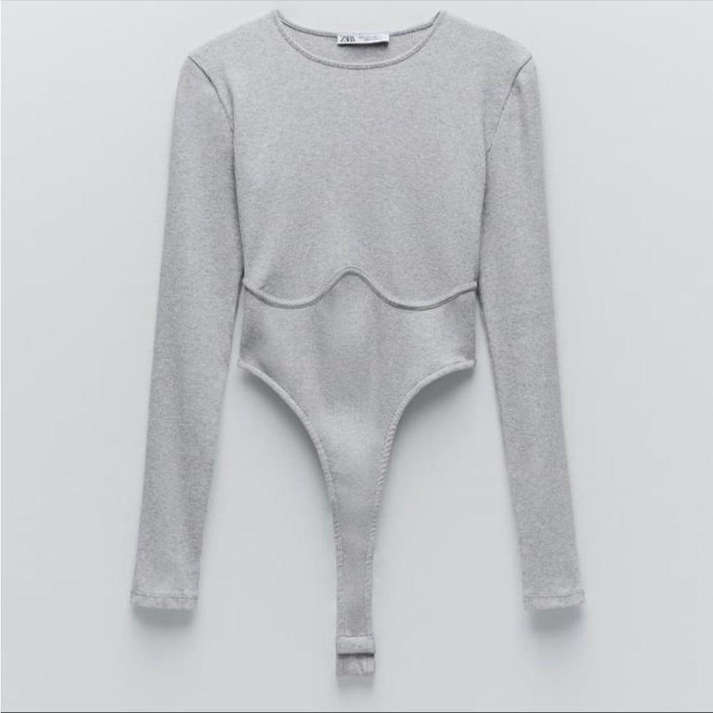 Zara Ribbed gray high cut bodysuit